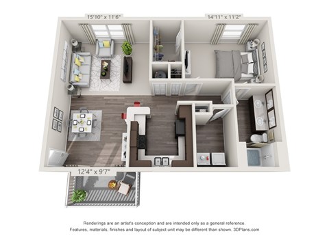 Floor plan for 1 bed, 1 bath